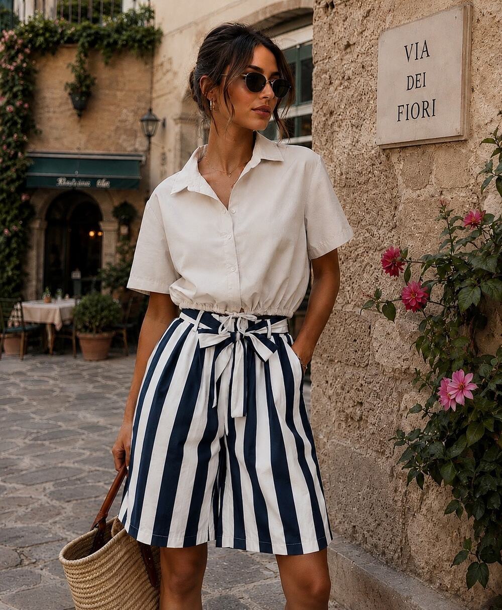 Made in Italy 100 % Cotton Stripe Short Set (Bermuda Style)
